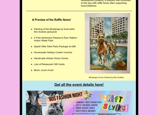 An email flyer promoting a raffle at the ’80s Fashion Night event at the Irving Archives and Museum. The flyer has a pastel yellow background with bold black text, featuring a section titled ‘A Short History of Raffles,’ which provides historical context on the tradition of raffles dating back to ancient civilizations. Below, a list previews raffle prizes, including a painting of the Mustangs by local artist Kim Andres, free admission passes to Epic Waters Indoor Water Park, a Spark! After Dark Party Package at IAM, handmade artisan home goods, restaurant gift cards, and more. A featured image shows the painting ‘Mustangs of Las Colinas’ by Kim Andres, depicting galloping horses in a cityscape setting. The flyer maintains the ’80s-themed aesthetic with neon-colored branding, cutout-style typography, and images from the event promotion. A call-to-action at the bottom invites readers to click for more event details. Social media icons for Facebook, Twitter, and LinkedIn are displayed at the bottom.